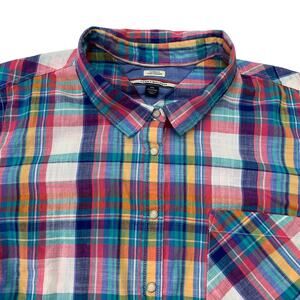 Tommy Hilfiger Womens XXL Pink Blue Gold Plaid Long Sleeve Pearl Snap Shirt